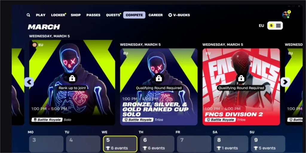 Fortnite Compete tab showing V-Buck tournament.